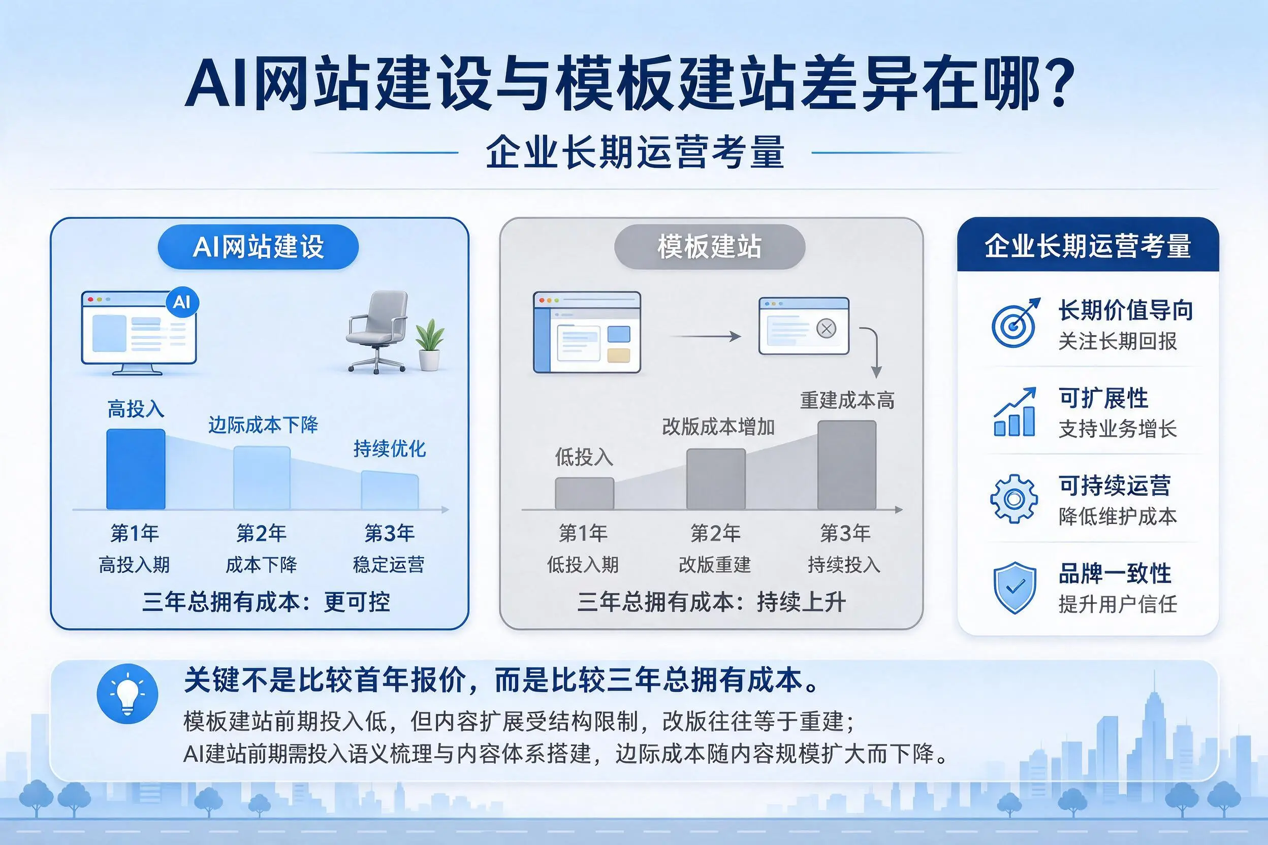 AI网站建设与模板建站差异在哪？濮阳企业长期运营考量